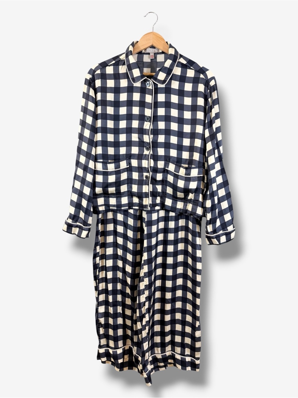 J. Crew Soft Shine Gingham Pajama Set Size L Navy Ivory Satin Lounge